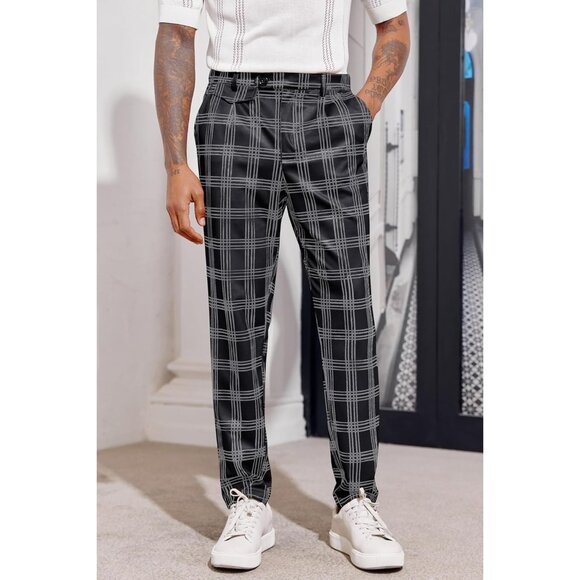 🆕 Men Black Slim Fit Pants Flat Front Stretch Skinny Tapered Casual Trousers - Picture 2 of 6